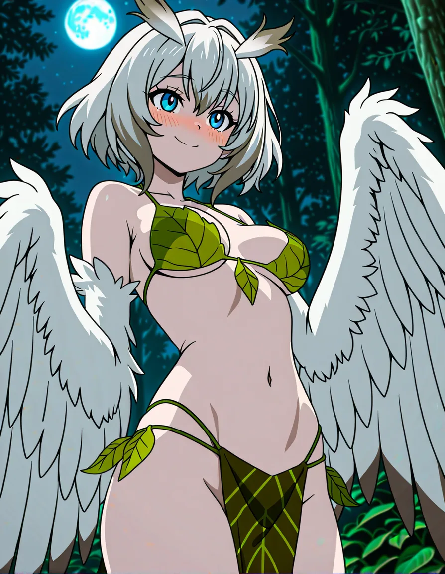 Anime harpy owl girl blue eyes light skin white hair white feathered wings light gray highlights in a green plant leaf bikini and Green plant leaf Loincloth in a forest at night low lighting full moon soft smile blushing a little, hentai_studio_quality, (anime style:1.3), 2d, anime screencap, cel shading, flat color