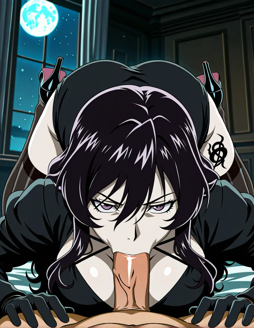 Anime fullmetal alchemist lust big breasts wide hips purple eyes pale skin dark hair black dress black heels long black gloves red Ouroboros symbol Tattoo over her Cleavage deep Cleavage in a room at night low lighting full moon deep throat oral sucking a penis sucking a cock sucking a dick pov, hentai_studio_quality, (anime style:1.3), 2d, anime screencap, cel shading, flat color