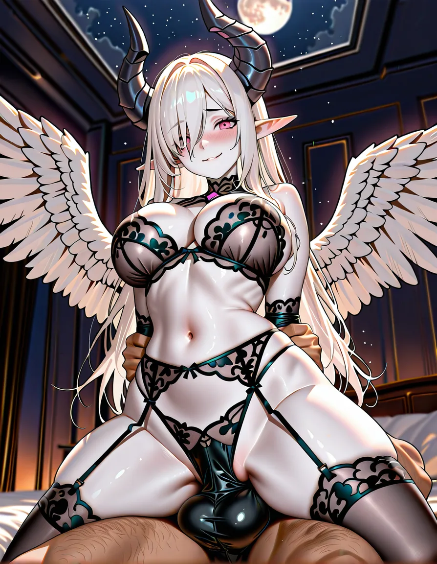 Anime Slaanesh big breasts wide hips pink eyes pale skin long white hair pointy elf ears curved black horns white feathered wings pink and black lingerie in a room at night low lighting full moon getting fucked by a human man from behind his arms wrapped around her belly humping balls deep on a bed soft smile blushing a little, hentai_studio_quality