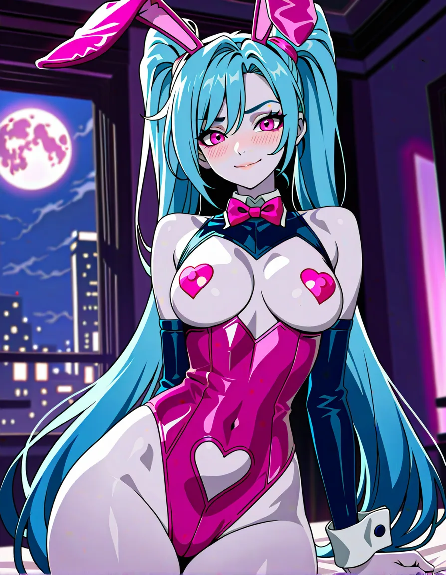 Anime league of legends jinx big breasts wide hips pink eyes pale skin light blue hair long twin tails in a light blue and pink reverse bunny outfit blue and pink bunny ears light blue and pink heart shaped Pasties pink Bowtie in a room at night low lighting full moon soft smile blushing a little, hentai_studio_quality, (anime style:1.3), 2d, anime screencap, cel shading, flat color