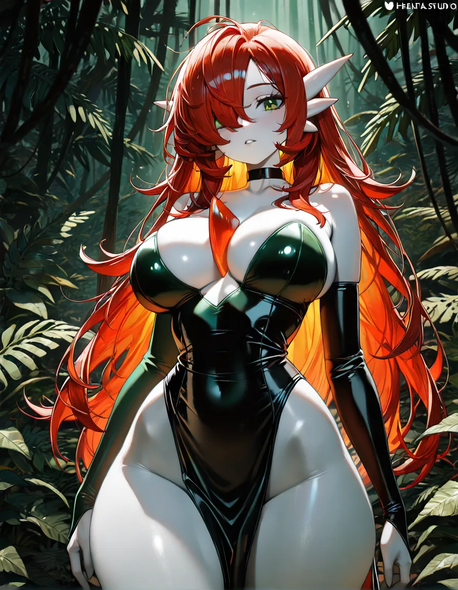 Anime gardevoir as prison ivy big breasts wide hips green eyes white skin red hair green plant leaf leonard in a jungle at night low lighting, hentai_studio_quality