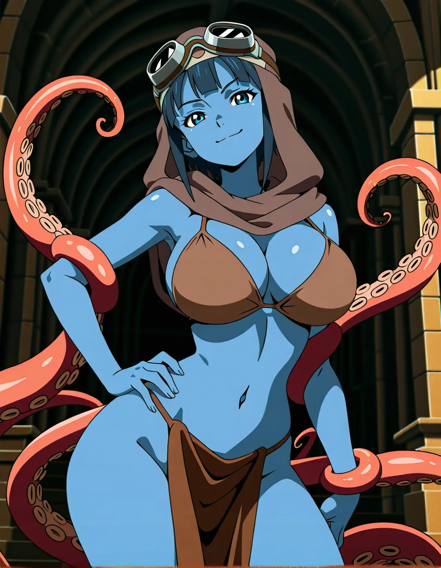 Anime star wars aayla secura big breasts wide hips Hazel eyes blue skin two tentacles on her head brown bikini top brown Loincloth in a alien jungle sun set low lighting sexy pose hand on hip soft smile, hentai_studio_quality, (anime style:1.3), 2d, anime screencap, cel shading, flat color, (anime style:1.3), 2d, anime screencap, cel shading, flat color, @00osamio00