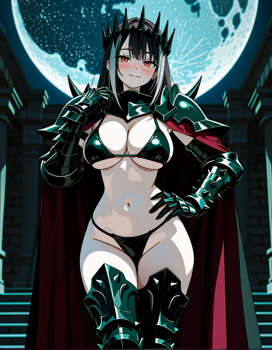 Anime fantasy female dark lord big breasts wide hips red and yellow eyes pale skin dark hair black bikini armor with silver highlights black armored boots black armored Gauntlets long black Tattered cape black Spike headband on forehead in a dark temple at night low lighting full moon soft smile blushing a little sexy pose hand on hip, hentai_studio_quality, (anime style:1.3), 2d, anime screencap, cel shading, flat color, (anime style:1.3), 2d, anime screencap, cel shading, flat color, @00osamio00, score_9, score_8, 3d render, octane render, subsurface scattering, ray tracing, smooth shading