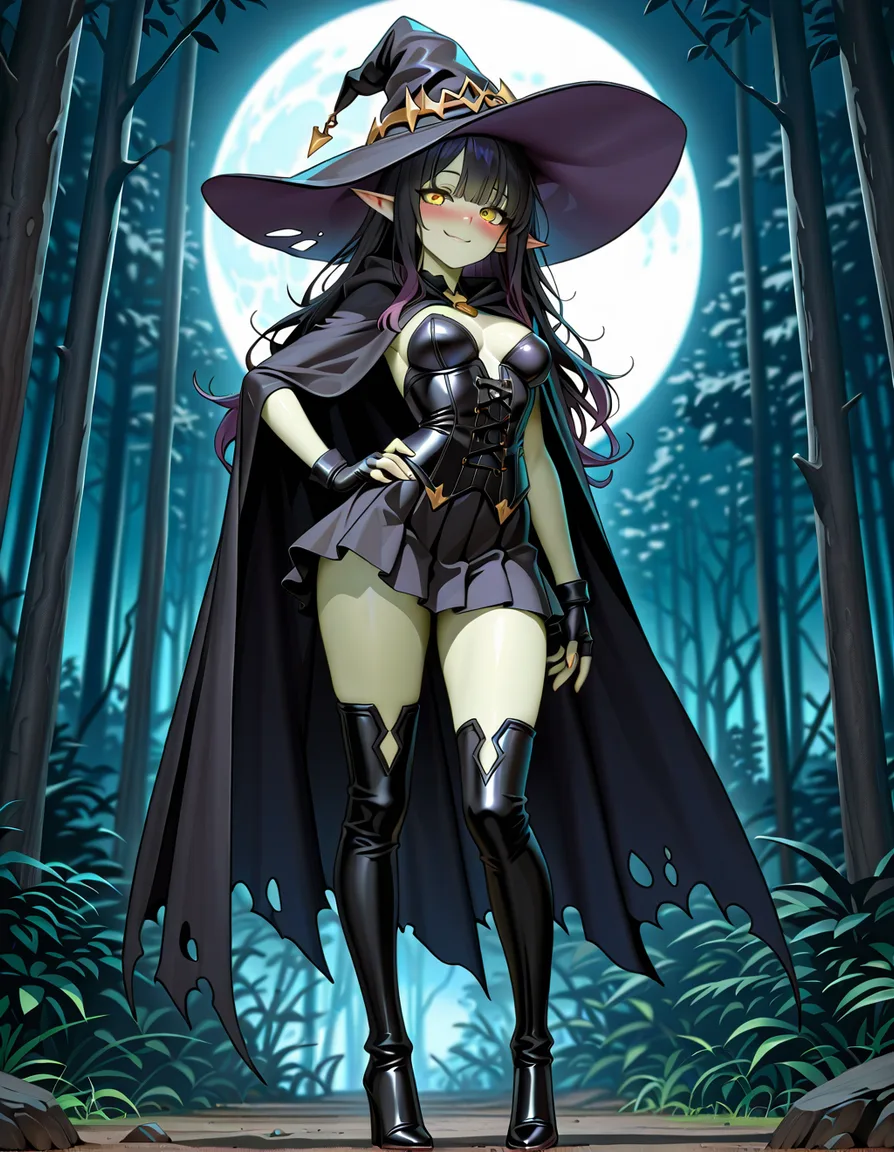 Anime witch girl yellow eyes light green skin black hair with purple highlights pointy elf ears black witch hat black corset black short skirt black thigh high boot heels long black Fingerless gloves black cloak in a forest at night low lighting full moon soft smile blushing a little sexy pose hand on hip, hentai_studio_quality