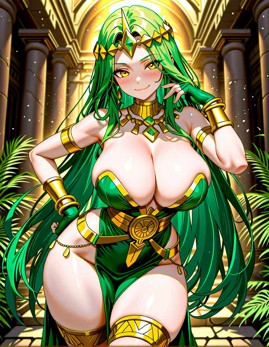 Anime serpent queen big breasts wide hips yellow eyes light skin long green hair green scaly dress deep Cleavage gold long green Fingerless gloves green heels gold Bracelets gold anklets Golden headband on forehead with a yellow Diamond shaped gem on it in a jungle temple sun set low lighting soft smile blushing a little sexy pose hand on hip, hentai_studio_quality