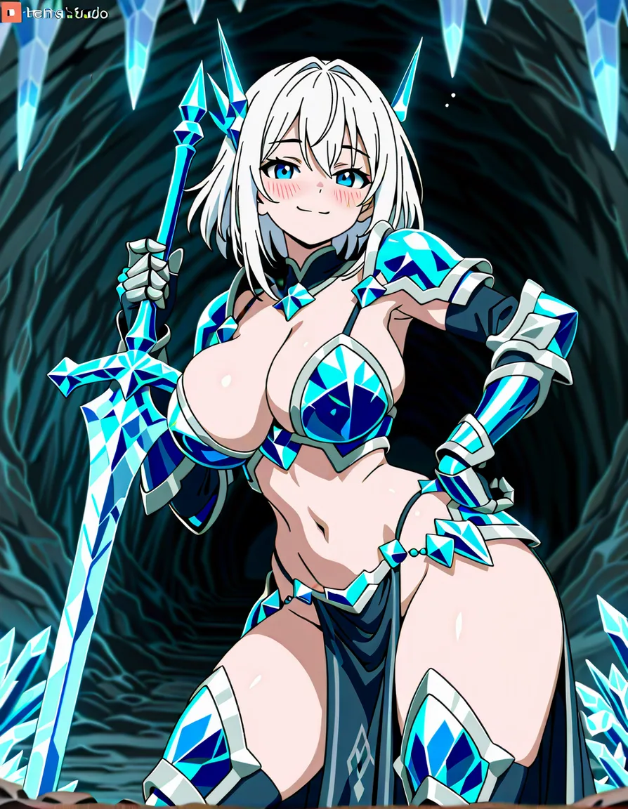 Anime female crystal knight big breasts wide hips blue eyes light skin white hair crystal armor Bikini armor breastplates crystal armored skirt  Crystal shin armor Crystal gauntlets in a cave full of glowing crystals low lighting holding crystal sword soft smile blushing a little sexy pose hand on hip, hentai_studio_quality, (anime style:1.3), 2d, anime screencap, cel shading, flat color