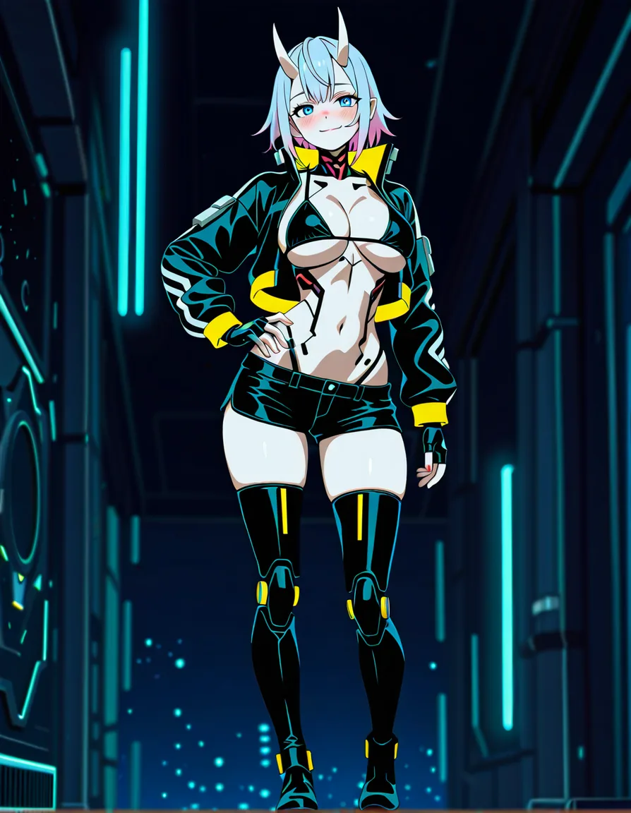 Anime female oni cyborg big breasts wide hips light blue eyes pales skin hot pink hair small pale horns silver exoskeleton opened black jacket black bikini top black booty shorts G. string black thigh high boots black Fingerless gloves in a cyberpunk room at night low lighting soft smile blushing a little sexy pose hand on hip, hentai_studio_quality, (anime style:1.3), 2d, anime screencap, cel shading, flat color, (anime style:1.3), 2d, anime screencap, cel shading, flat color, @00osamio00, score_9, score_8, 3d render, octane render, subsurface scattering, ray tracing, smooth shading
