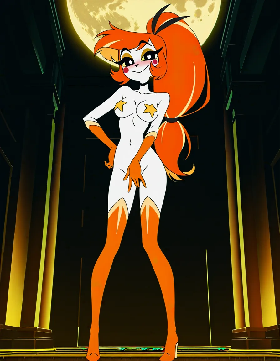 Anime hazbin hotel Goldie the goldfish girl black eyes with white Pupils white skin orange hair with a Black streak long ponytail yellow eye shadow yellow star shaped Pasties yellow sea shell covering her Crotch long orange gloves orange thigh high boot heels in a room at night low lighting full moon soft smile blushing a little sexy pose hand on hip, (anime style:1.3), 2d, anime screencap, cel shading, flat color, (anime style:1.3), 2d, anime screencap, cel shading, flat color, (anime style:1.3), 2d, anime screencap, cel shading, flat color, @00osamio00