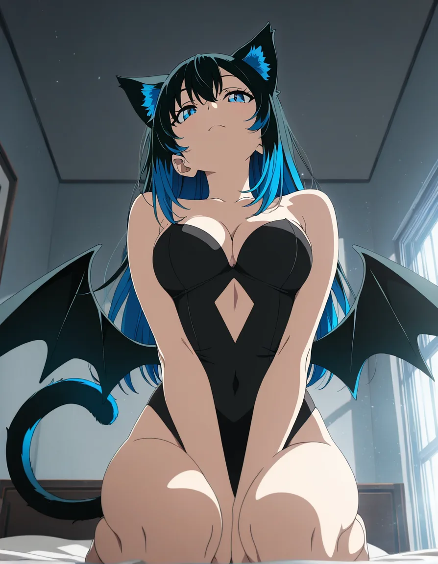 highres, vivid, catgirl, wings, kneeling on bed, from below, anime style, (anime style:1.3), 2d, anime screencap, cel shading, flat color