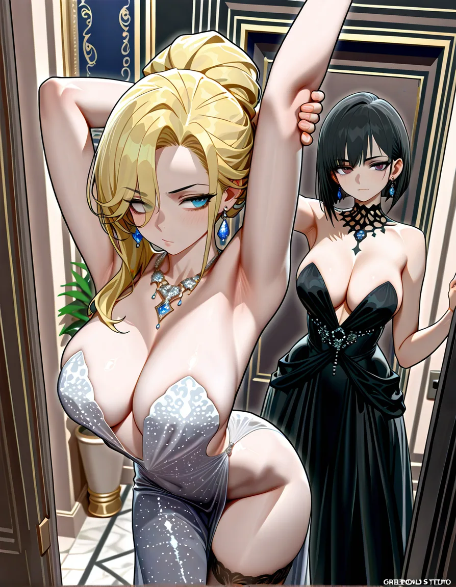 Two women with well proportioned recyangle type body shape. Two winter faerie beauties lean against a doorway seductively, stretching and showing off their curves. They are both very tall, statusque and mature. They are presenting themselves to the wiever trying to seduce him. One is in an elegant, intricate and seductively revelaing ball gown. She has deep cleavage, blonde hair. The other one is naked, except stockings and jewelry all over her body. She has natural medium breasts, short black hair in a french bob and is a bit shorter. They are looking at the wiever with smokey gazes full of lust and desire. Beautiful, gorgeous faces, hentai_studio_quality