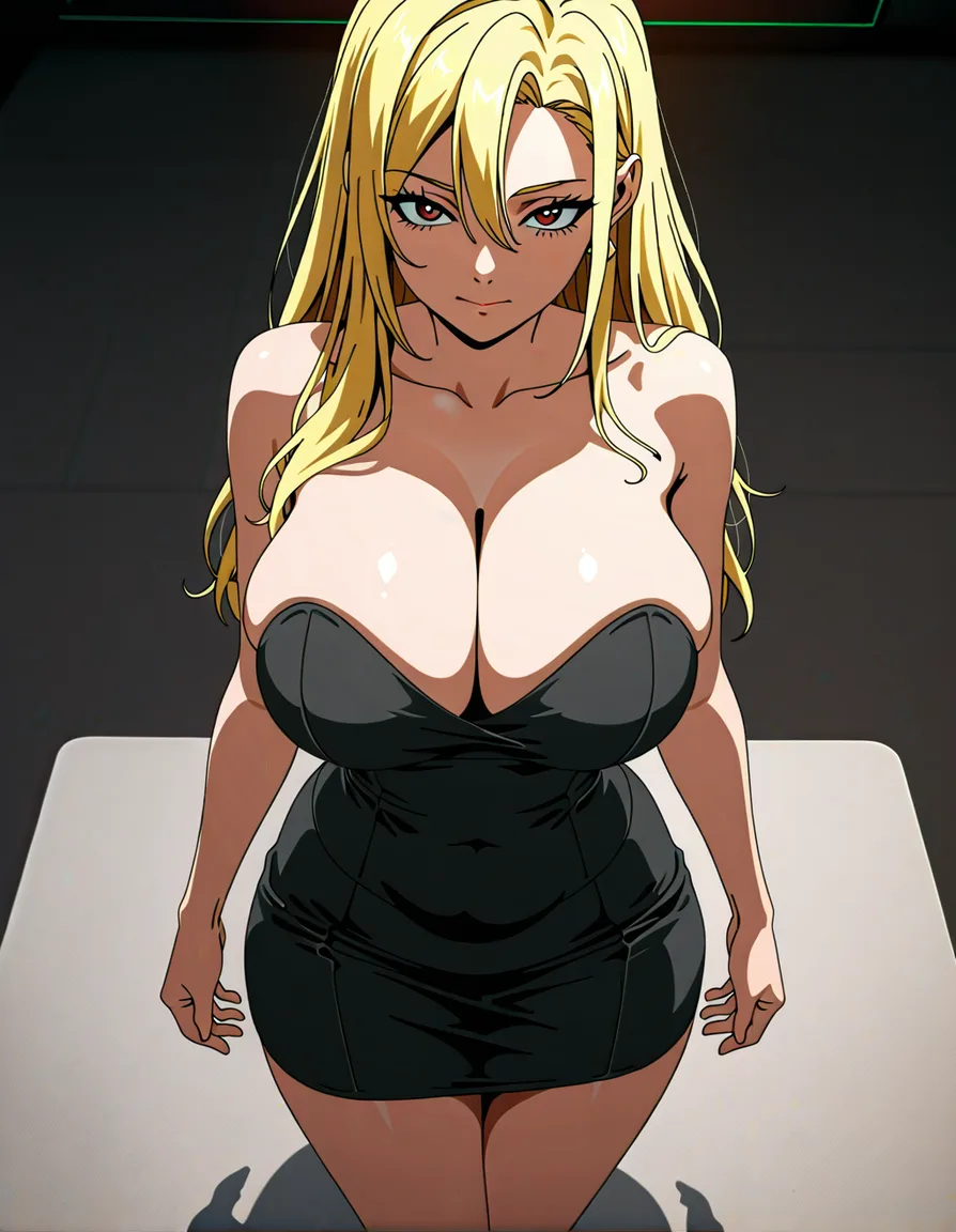 vivacious voluptuous, elegant, sexy, big boobed, blonde haired, 25-year-old Cajun corporate professional woman, that wears tight outfits to emphasize and show off her deep cleavage and curves, hentai_studio_quality, score_9, score_8, 3d render, octane render, subsurface scattering, ray tracing, smooth shading, (anime style:1.3), 2d, anime screencap, cel shading, flat color, @00osamio00