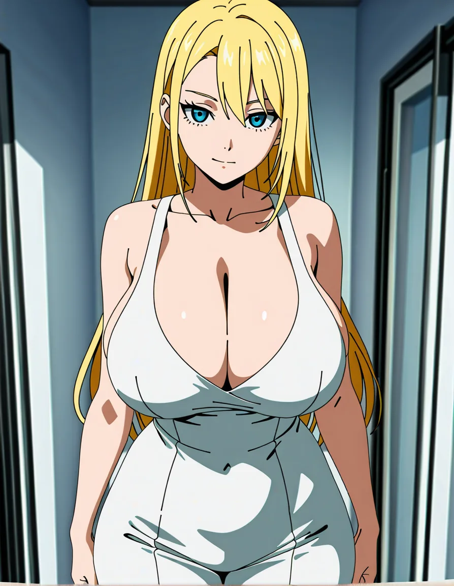 vivacious voluptuous, elegant, sexy, big boobed, blonde haired, 25-year-old Cajun corporate professional woman, that wears tight outfits to emphasize and show off her deep cleavage and curves, hentai_studio_quality, score_9, score_8, 3d render, octane render, subsurface scattering, ray tracing, smooth shading, (anime style:1.3), 2d, anime screencap, cel shading, flat color, @00osamio00, (anime style:1.3), 2d, anime screencap, cel shading, flat color