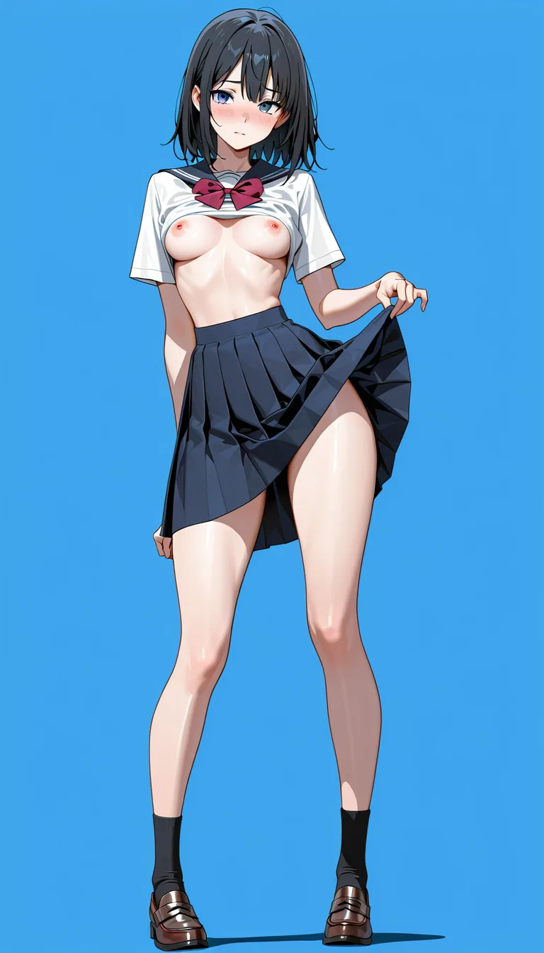 1girl , standing , full_body , blue_background , black_hair , small_breasts , narrow_waist , blush , facing_viewer, school_uniform , skirt_lift , shirt_lift, hentai_studio_quality