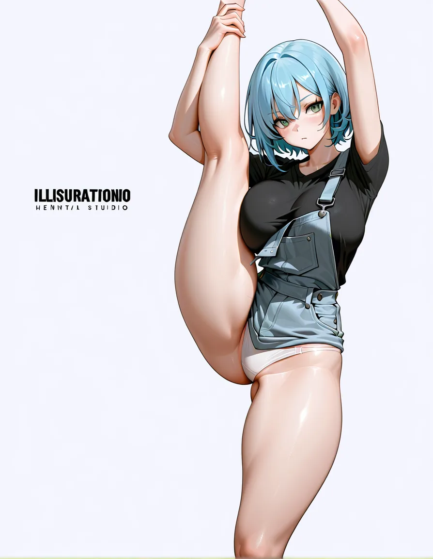 Blue hair, green eyes, large, wide breasts, thick thighs, short black shirt, white panties, sensual standing pose, white background. 

ultra-detailed, sharp focus, 8k, absurdres, very detailed, high resolution, illustration, Overall ultra-quality., hentai_studio_quality