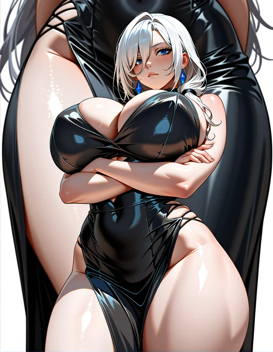 Mature female, blue eyes, white hair, huge breasts, thick thighs, mischievous look, white background, arms crossed, tight black dress that accentuates the body. 


[[masoq095]], hentai_studio_quality, hentai_studio_quality, hentai_studio_quality, hentai_studio_quality, hentai_studio_quality, hentai_studio_quality, hentai_studio_quality, hentai_studio_quality, hentai_studio_quality, hentai_studio_quality, hentai_studio_quality