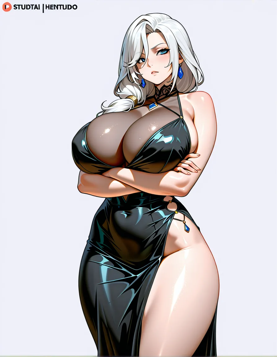 Mature female, blue eyes, white hair, huge breasts, thick thighs, mischievous look, white background, arms crossed, tight black dress that accentuates the body. 


[[masoq]],, hentai_studio_quality, hentai_studio_quality, hentai_studio_quality, hentai_studio_quality, hentai_studio_quality, hentai_studio_quality, hentai_studio_quality