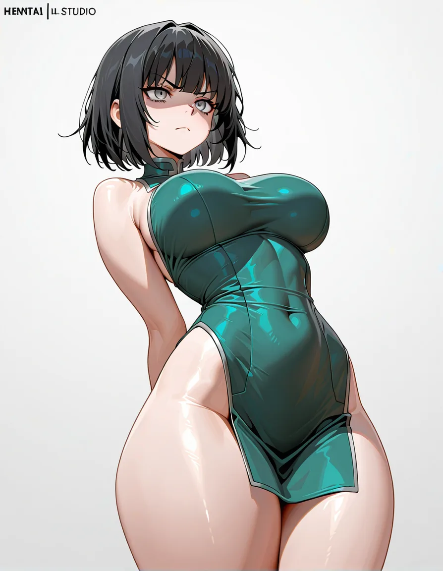 1girl, Short black hair, gray eyes, large, round breasts, thick thighs, tight green dress, arms_behind_back, serious expression, white background. 


(Masterpiece quality, ultra-detailed, sharp, waifu fanart, mega quality),, hentai_studio_quality, hentai_studio_quality