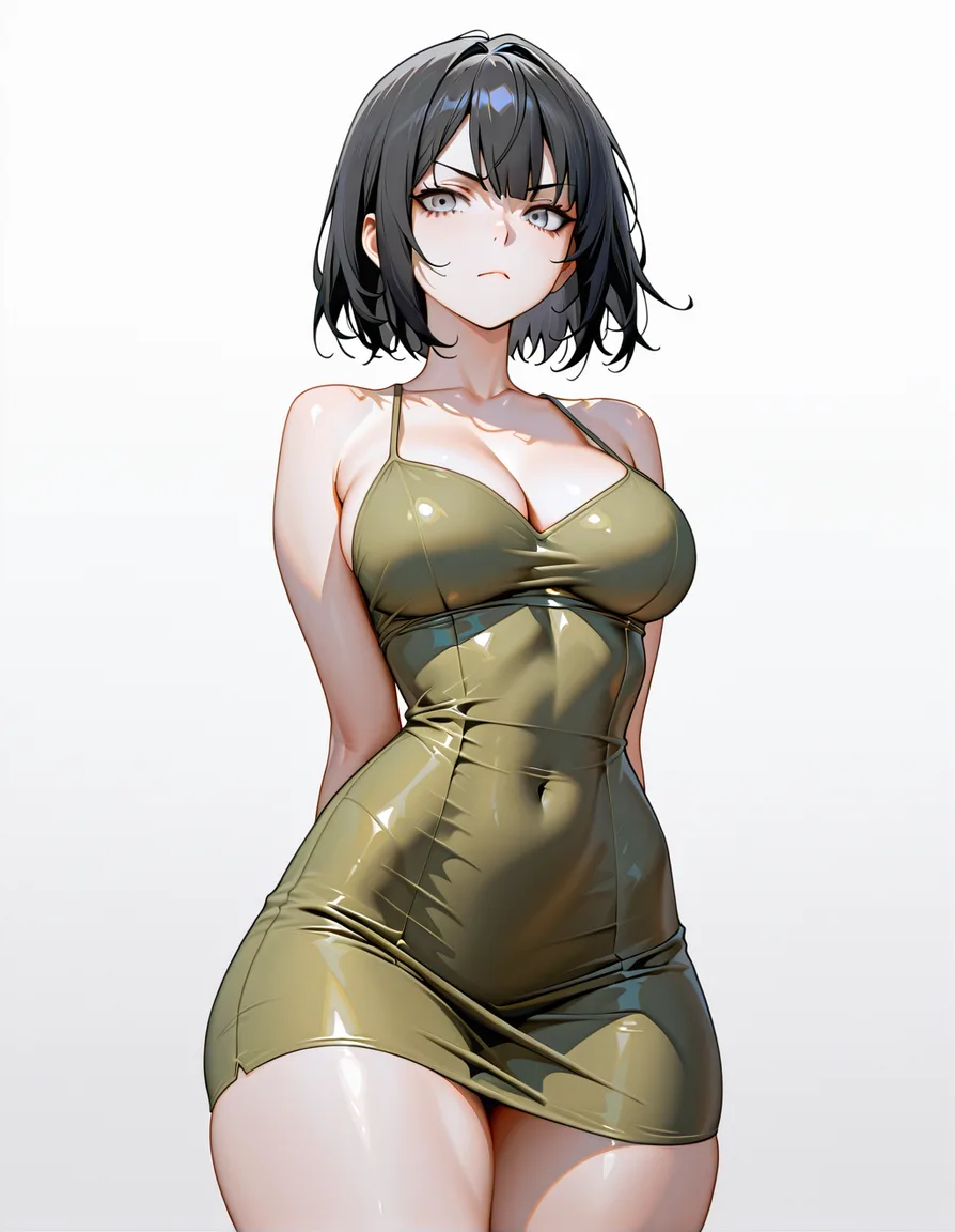 1girl, Short black hair, gray eyes, large, round breasts, thick thighs, tight green dress, arms_behind_back, serious expression, white background. 


(FluxAI), hentai_studio_quality, hentai_studio_quality