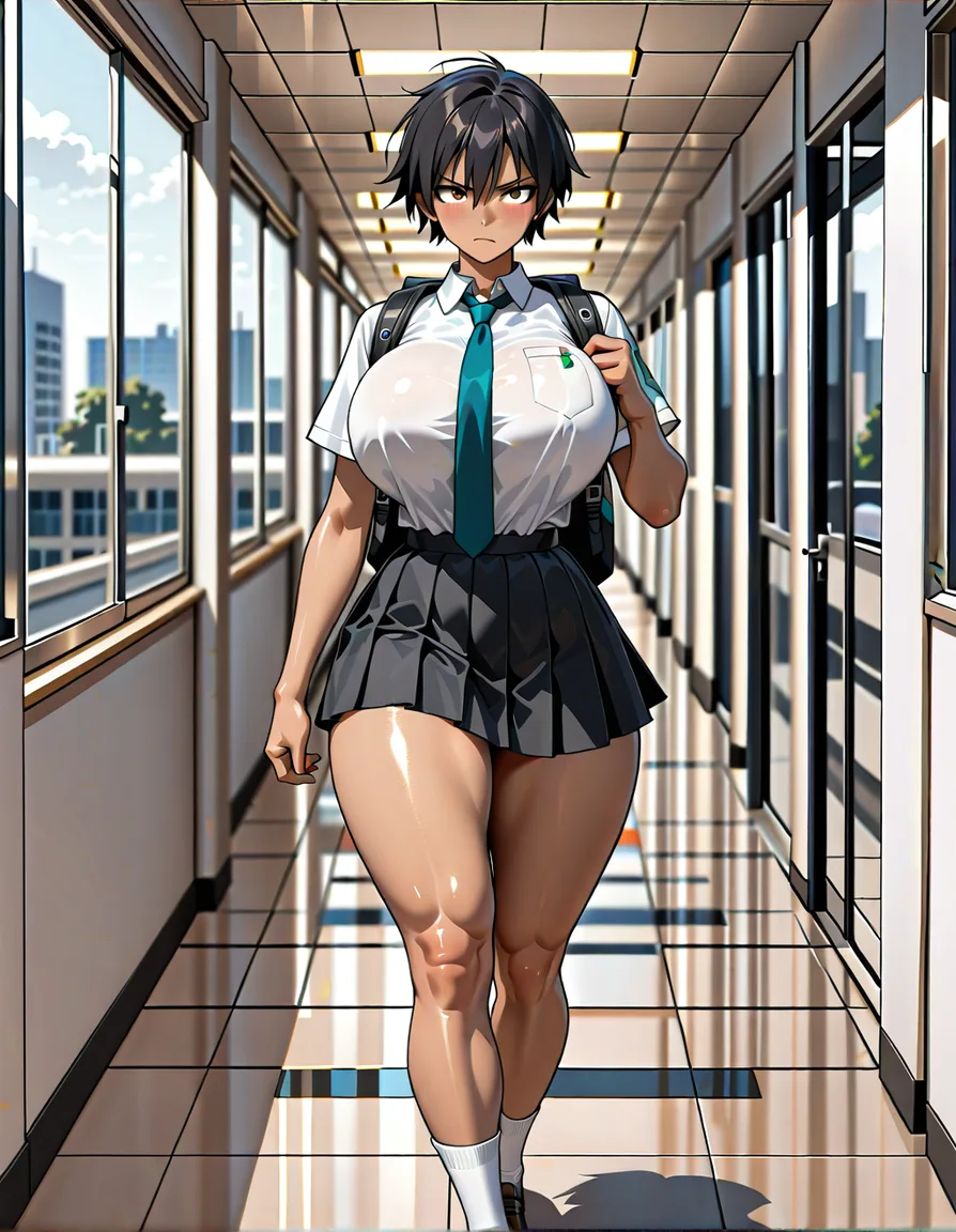 Short black hair, tan skin, tomboy, huge round breasts, thick thighs, school uniform, black skirt, black backpack, walking down the empty school hallway, serious look, athletic build, walking while holding a backpack 


(masterpiece, best quality, very aesthetic, absurdres, intricate details, highly detailed, sharp focus, vibrant colors), hentai_studio_quality, hentai_studio_quality, hentai_studio_quality, hentai_studio_quality, hentai_studio_quality, hentai_studio_quality, hentai_studio_quality, hentai_studio_quality, hentai_studio_quality, hentai_studio_quality, hentai_studio_quality, hentai_studio_quality