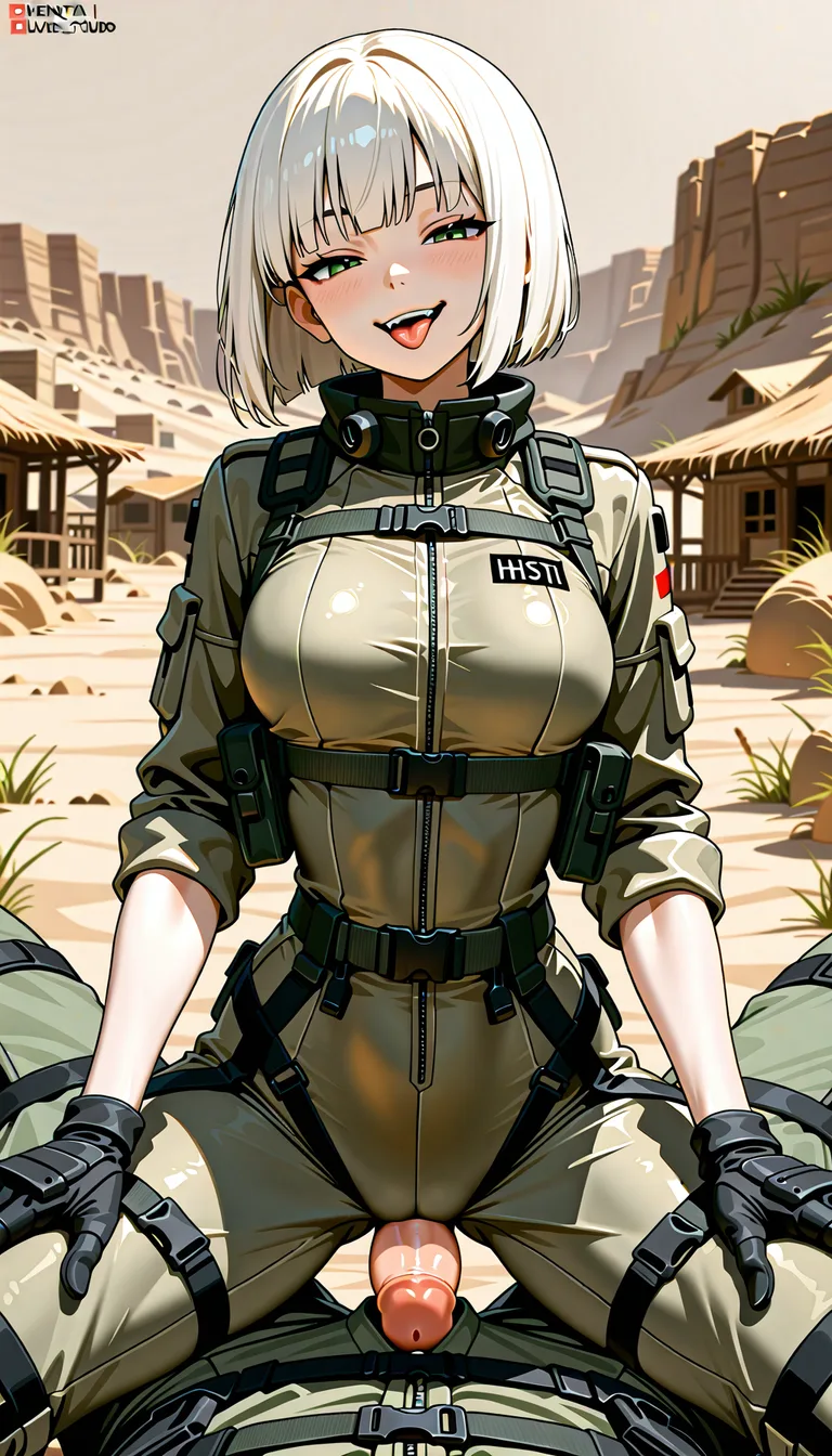 masterpiece, fine detail, Anime Female With Short bob cut White hair, medium Breasts, Green Eyes, Cheeky Face, licking pov white cock, pov white cock, half closed eyes, Taunting, hourglass body, Sand colour detailed closed combat gear outfit, no military set, no military theme, no helmet, Pants, no gloves, village surroundings background, desert biome, eroge aesthetics, · Base: Form-fitting khaki tactical jumpsuit with a front zipper. · Sleeves: Two-toned with dark green/black fitted forearms. The sleeves are rolled up. · Chest: Olive-drab chest rig with shoulder straps and a row of six utility pouches. · Waist & Thighs: Dark green tactical belt with black buckles, connected by horizontal straps wrapping around the upper thighs. · Extras: High dark collar with red accents, and a rigid dark thigh plates on the Thighs. no hentai_studio_quality., hentai_studio_quality, hentai_studio_quality, hentai_studio_quality