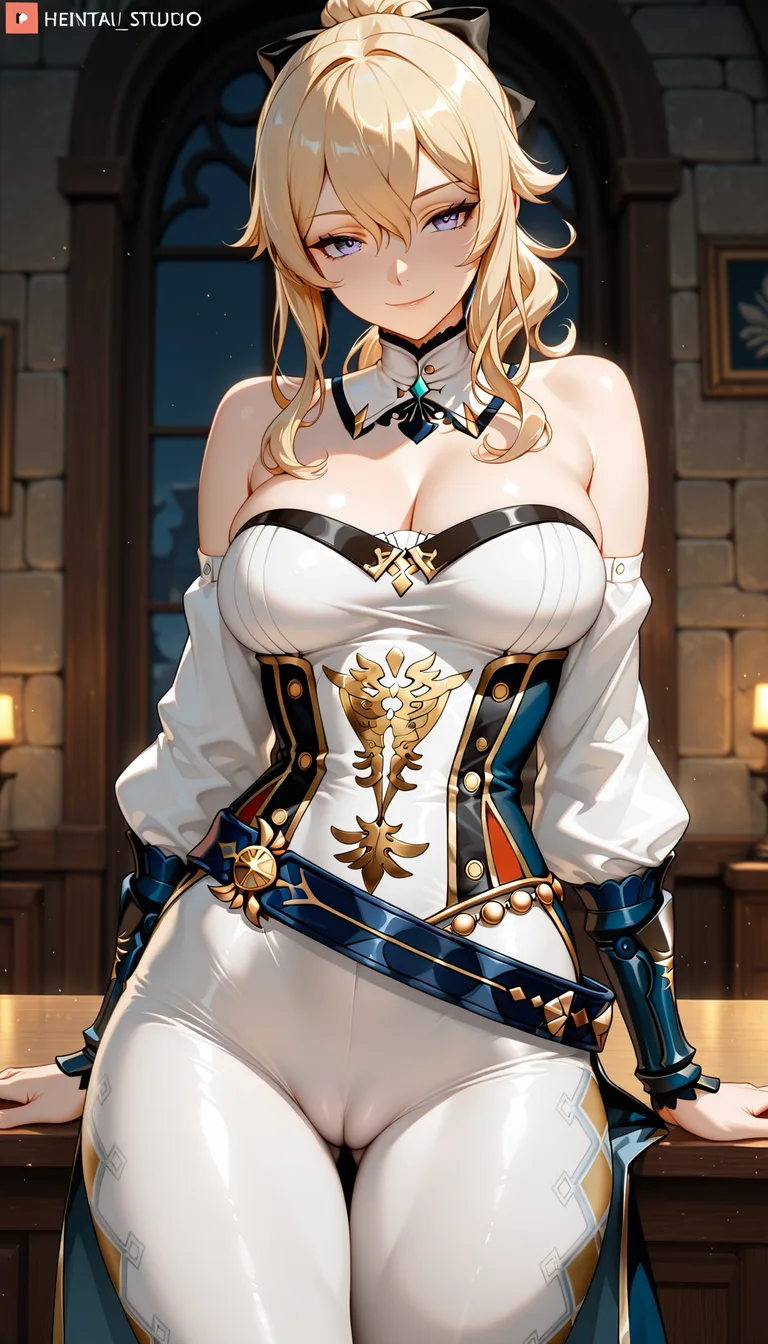 Masterpiece, Genshin Impact style, 1girl, Jean,coutfit, medium body, cameltoe, Seductive smile.,,, hentai_studio_quality,,,,,, hentai_studio_quality