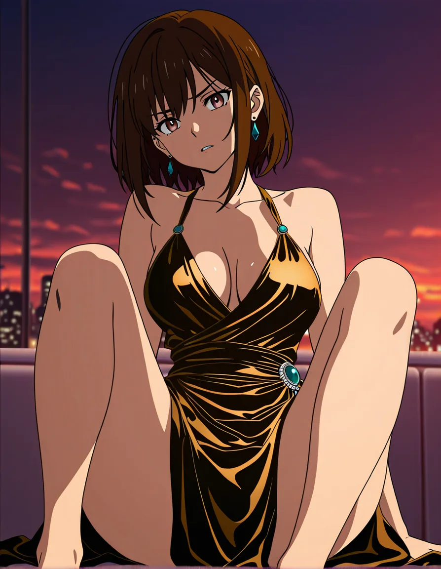 absurdres, highres, brunette woman, evening gown, presenting, intense passion, hentai style, (anime style:1.3), 2d, anime screencap, cel shading, flat color, @00osamio00