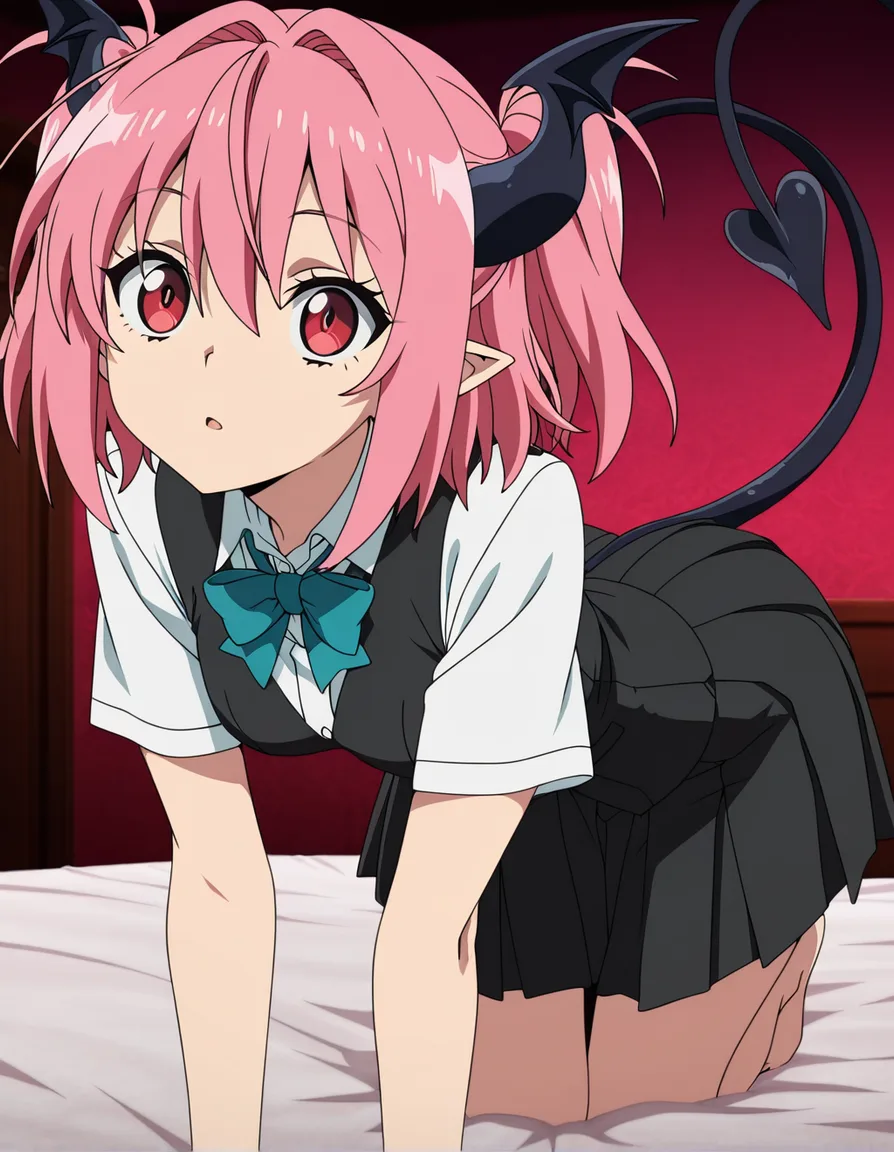 best quality, polished, succubus, bowtie, on all fours, cowboy shot, anime style, (anime style:1.3), 2d, anime screencap, cel shading, flat color