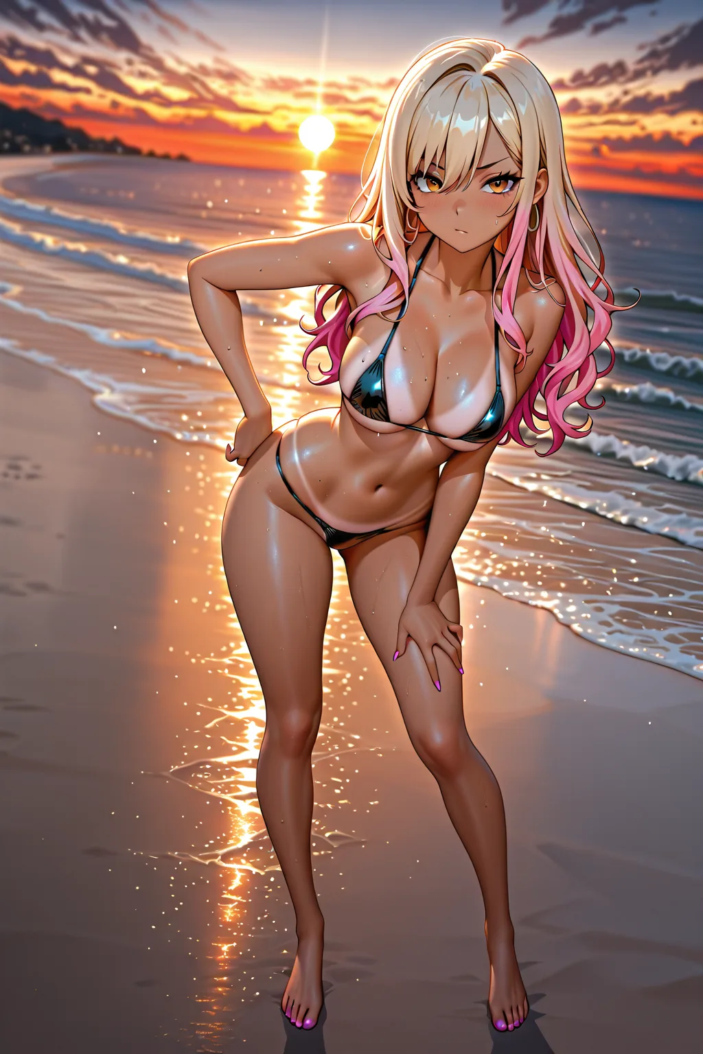 hentai_studio_quality, masterpiece, best quality, absurdres, 1girl, solo, a gyaru with a deep tan, micro bikini, tan lines, on a beach at dusk, sunset backlight, full body, anime style, vivid color