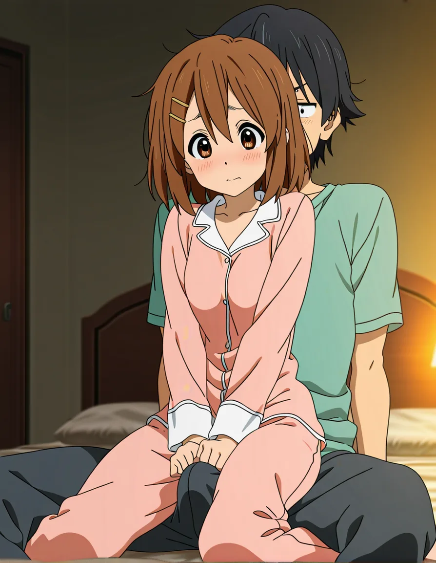 @hirasawa_yui, petite, pajamas, sitting_on_person, embarrassed, he is on_back on_bed, her butt is on his bulge,, (anime style:1.3), 2d, anime screencap, cel shading, flat color