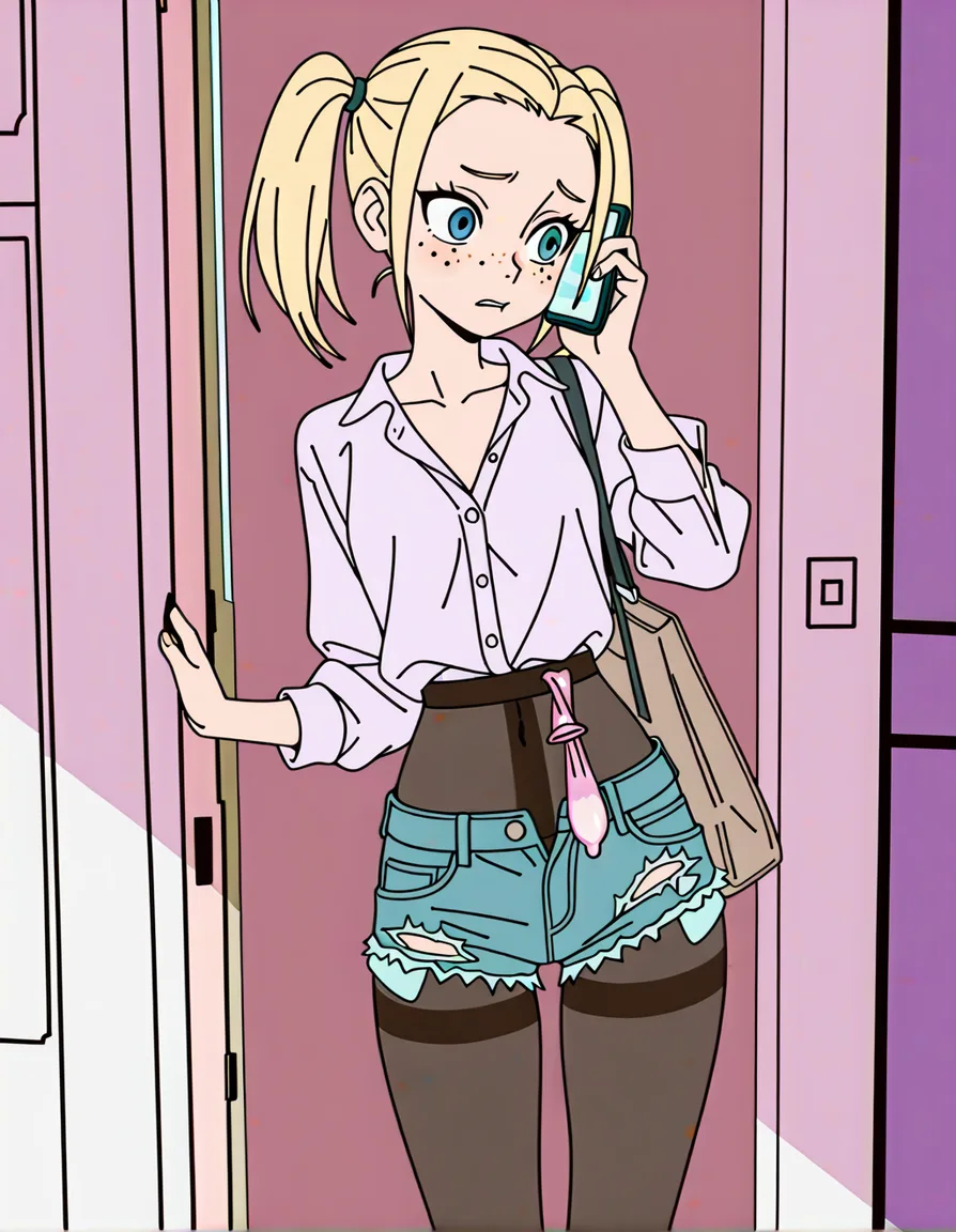 A girl, not very tall, blonde, with her hair tied back in two ponytails, freckles all over her body, blue eyes, a smaller-than-average bust, wearing a blouse that’s almost unbuttoned, short denim shorts, the shorts are unbuttoned enough to reveal her pubic area, with a strip of shaved hair on her pubis; she’s wearing trainers, black ripped tights, a bag over her shoulder, a packet of condoms on her shorts’ waistband, and a mobile phone in her hand; she’s standing on the threshold of the flat, looking inside, her lip bitten, her face flushed with excitement,cute, Slim waist, , anime style, dynamic lighting, pastel colors, Pronounced outlining of the characters,, hentai_studio_quality, (anime style:1.3), 2d, anime screencap, cel shading, flat color, (anime style:1.3), 2d, anime screencap, cel shading, flat color