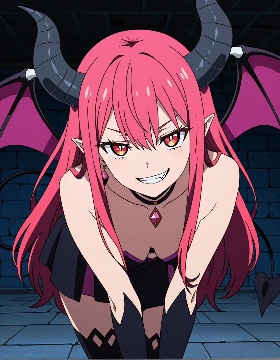 best quality, polished, succubus, jewelry, bent over, teasing grin, anime style, (anime style:1.3), 2d, anime screencap, cel shading, flat color, @00osamio00