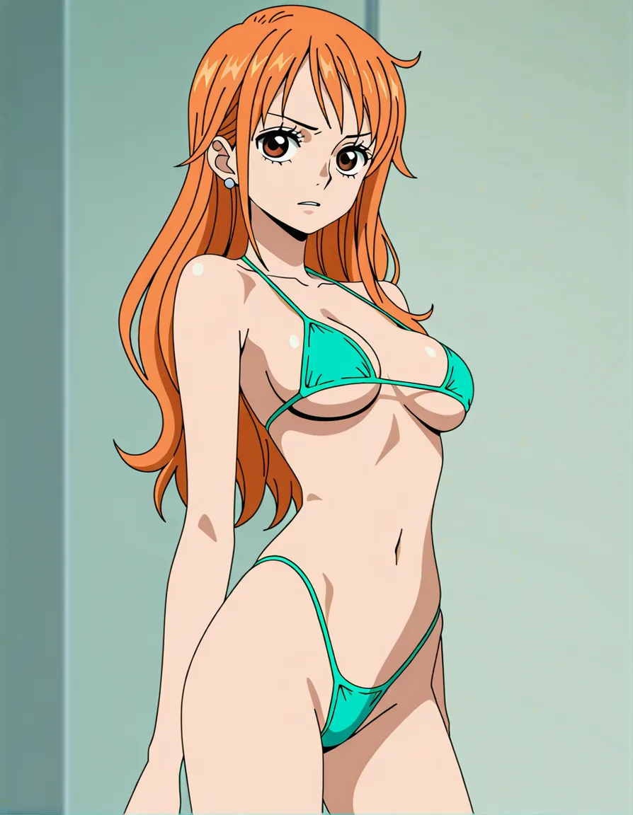 best quality, explicit detail, 1girl, @nami_(one_piece), anime render, official_art, orange_hair, long_hair, brown_eyes, highleg_bikini, micro_bikini, (anime style:1.3), 2d, anime screencap, cel shading, flat color, (anime style:1.3), 2d, anime screencap, cel shading, flat color @one_piece, (anime style:1.3), 2d, anime screencap, cel shading, flat color