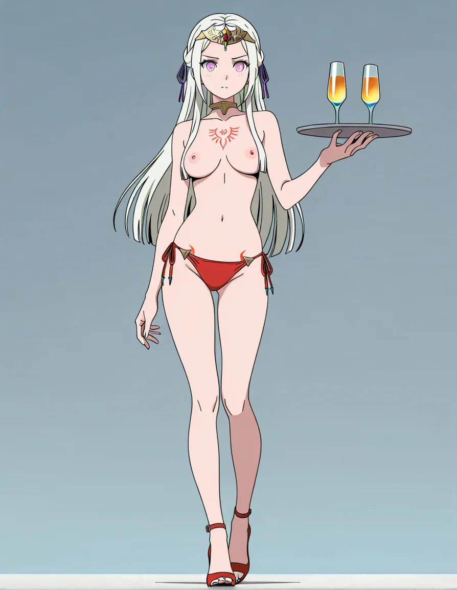 #1girl, @edelgard_von_hresvelg, medium_breasts, side-tie_bikini_bottom, topless, collar, high_heels, tiara, chest_tattoo, holding_tray, (anime style:1.3), 2d, anime screencap, cel shading, flat color
