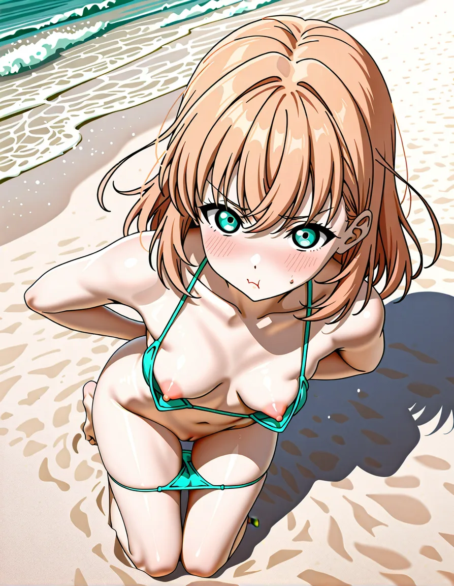 high quality, kaho hinoshita, peeled back swimsuit, undressing, bikini, exposed pussy, exposed nipples, 18 years old, small breasts, cute, kneeling, begging, beach, full body, top down angle, kaho love live, pretty girl, taking off bikini, bare breasts, breasts_squeezed_together, hentai_studio_quality, hentai_studio_quality, looking at camera, pouting, erotic expression, blush, hentai_studio_quality