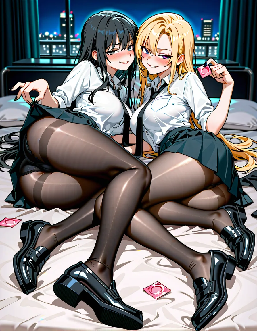 2girls, pantyhose, school_uniform, necktie, loafers, black_footwear, collared_shirt _shirt, lying, on_bed, full_body, condom, blush, night, nail_polish, naughty_face, seductive_smile, smirk, blonde_hair, black_hair, hentai_studio_quality