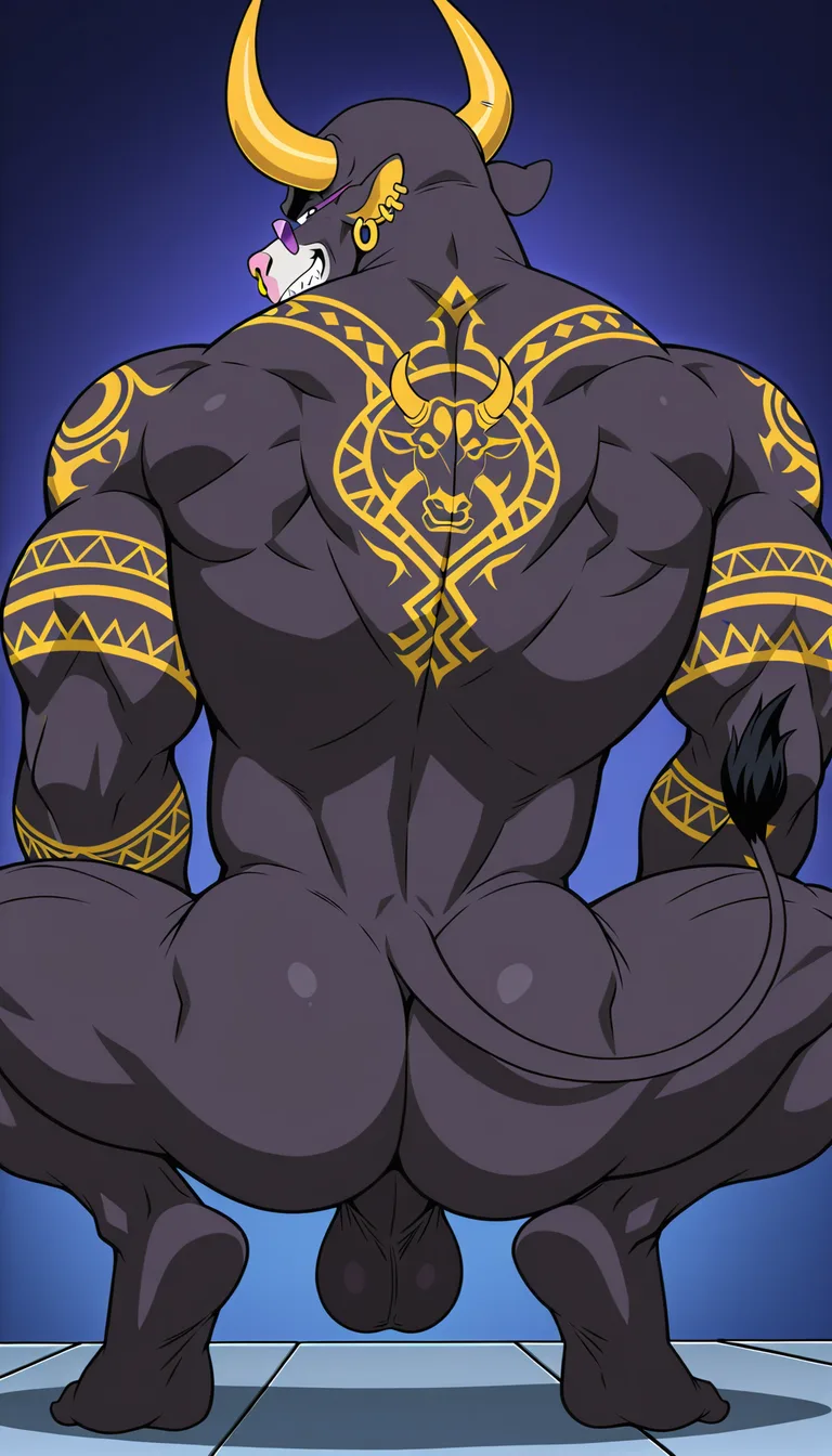 Naked buff cyan male bull, big and huge muscles, cyan body, yellow horns, yellow ear piercings, yellow nose ring, pink nose, purple sunglasses, thick black eyebrows, tattoo on back, tattoos on shoulders, tattoos on arms, smiling, grinning, bull tail, butt, twerking, balls, squatting, humanoid feet