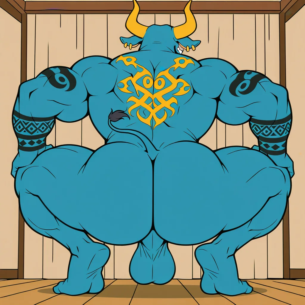 Naked buff cyan male bull, big and huge muscles, cyan body, yellow horns, yellow ear piercings, yellow nose ring, pink nose, purple sunglasses, thick black eyebrows, tattoo on back, tattoos on shoulders, tattoos on arms, smiling, grinning, bull tail, big butt, twerking, balls, squatting, humanoid feet, blue body
