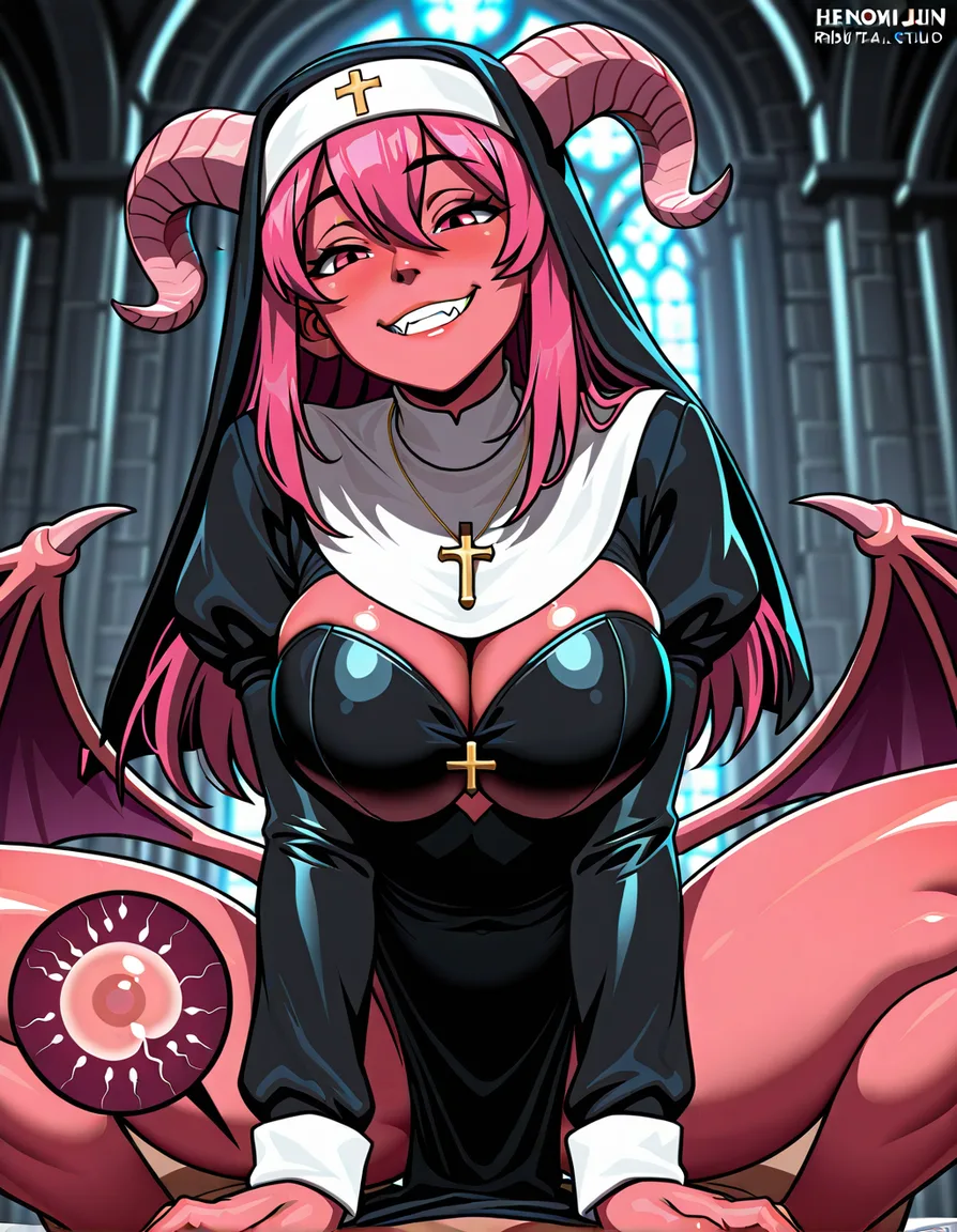 ultra detailed, (succubus monster girl in a nun's outfit), grinning, sex, impregnation, (human male), glossy highlights, strikingly beautiful, radiant complexion, early twenties, monastery background, hentai_studio_quality, "melkormancin" artstyle, hentai_studio_quality