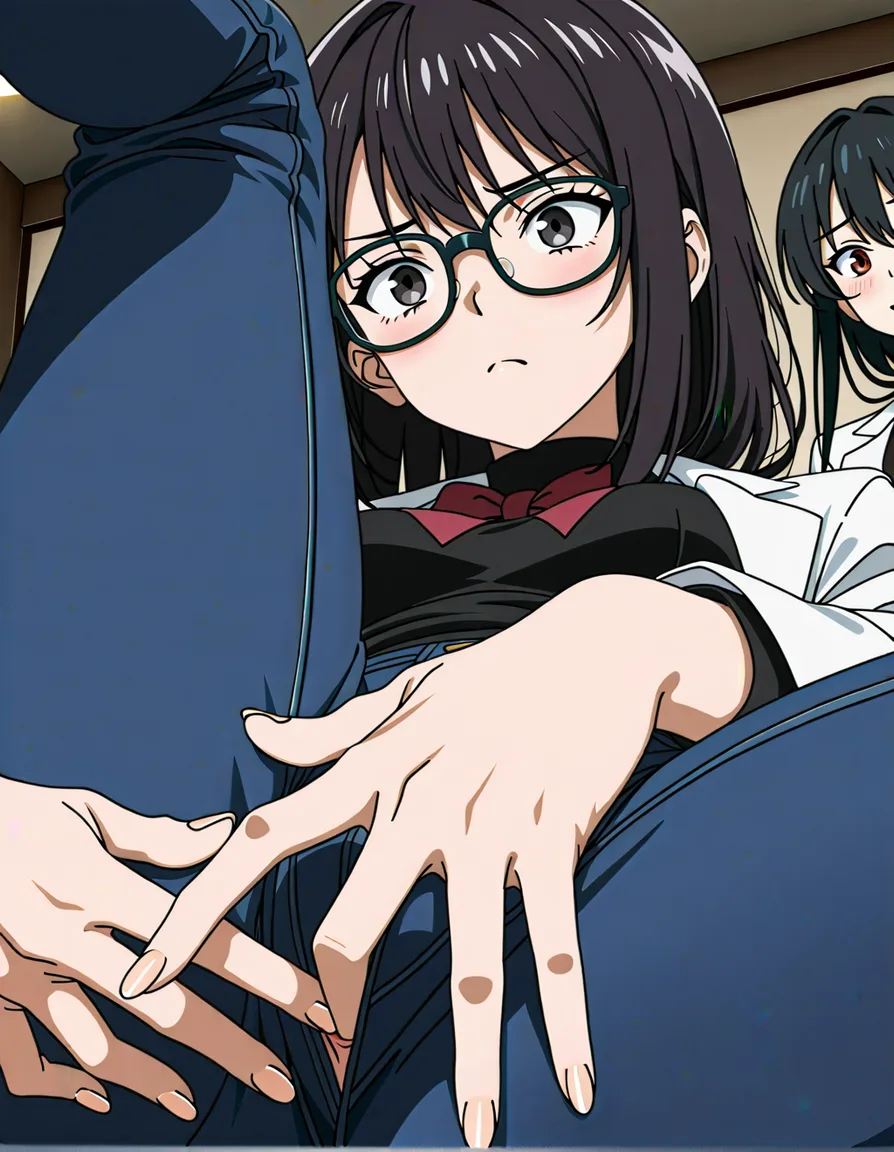 sharp focus, 8k uhd, multiple girls, fingernails, bowtie, leg up, portrait, 8k uhd photo,Very detailed, sharp, fitness model, shiny skin, Japanese clothing, fingering, soft cell shading, researcher, black turtleneck, jeans, black-rimmed glasses, black hair, white coat, (anime style:1.3), 2d, anime screencap, cel shading, flat color