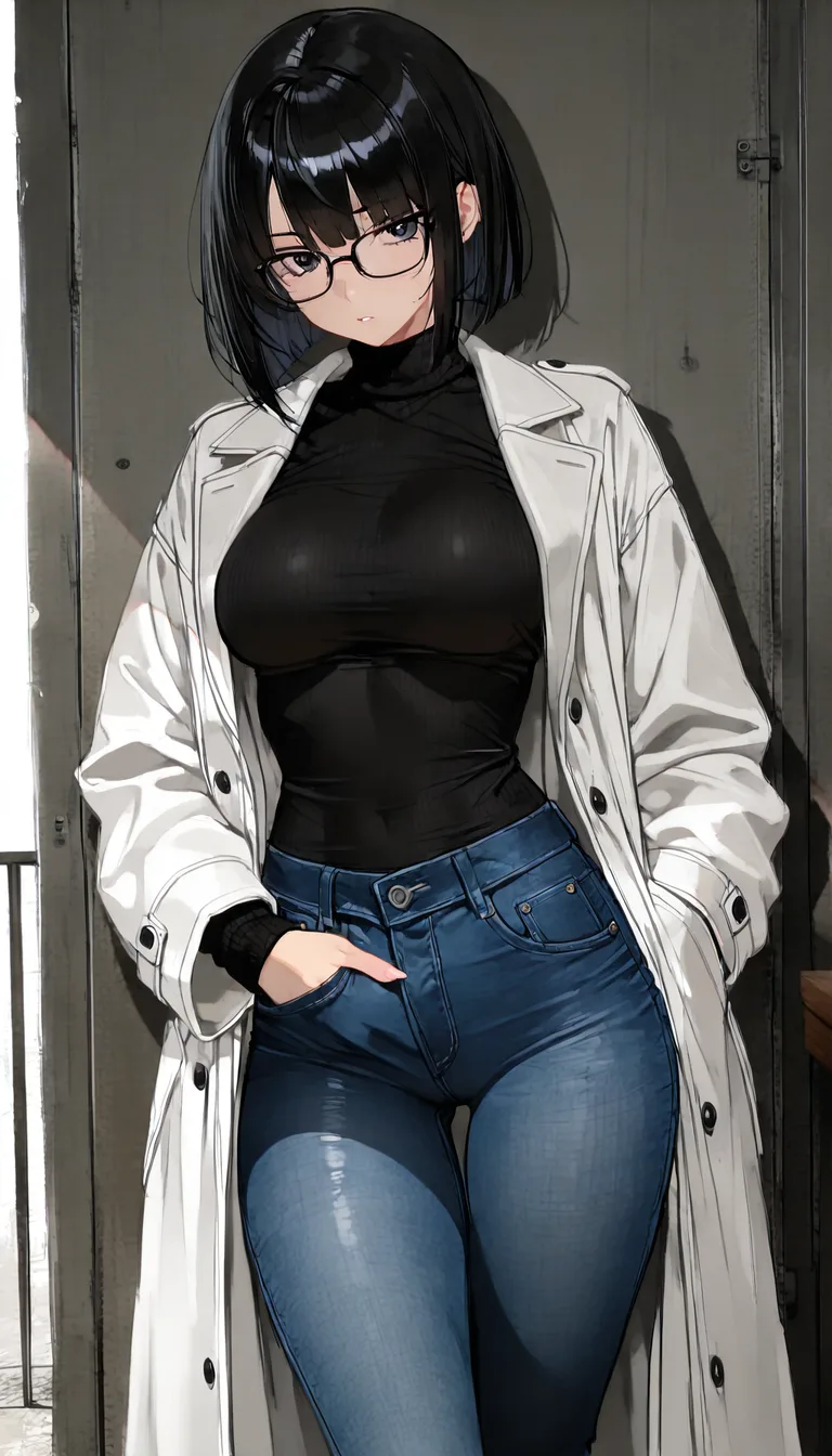 Very detailed, sharp, fitness model, shiny skin, Japanese clothing, fingering, soft cell shading, researcher, black turtleneck, jeans, black-rimmed glasses, black hair, white coat