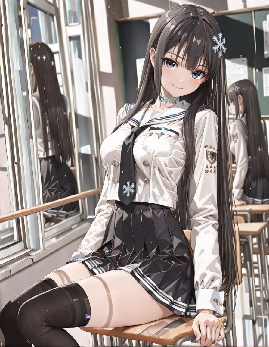 Japanese high school girl, 18-year-old,She should appear as a beautiful, cute, and healing girl with a charming smile and neat, shiny, silky hair, often mistaken for an idol, (medium breasts:1.4), pointy breasts, neat and clean beautiful cute friendly face,classroom,cowboy shot, sitting, Japanese high school girl, white long-sleeved sailor uniform, dark navy collar and cuffs with two thin white stripes, black necktie-style ribbon at the chest, small snowflake-shaped ornament below the collar, dark navy pleated skirt, clean and refined sailor-style design, (black thigh-high socks:1.45),1girl, (black hair:1.6), (long straight hair, waist-length hair, silky texture, soft light reflection:1.6), hentai_studio_quality