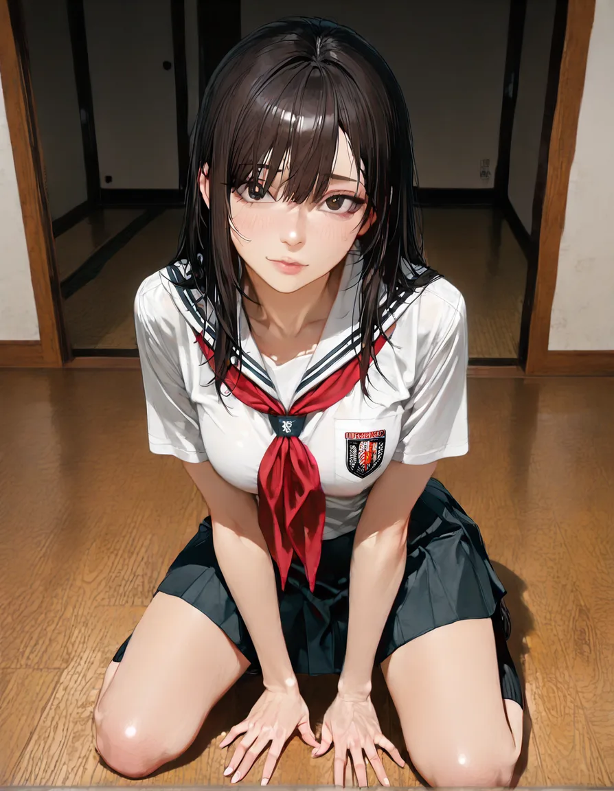 best quality, hyperrealistic, indonesian young woman wearing high school uniform kneeling on the floor facing forward, hentai_studio_quality