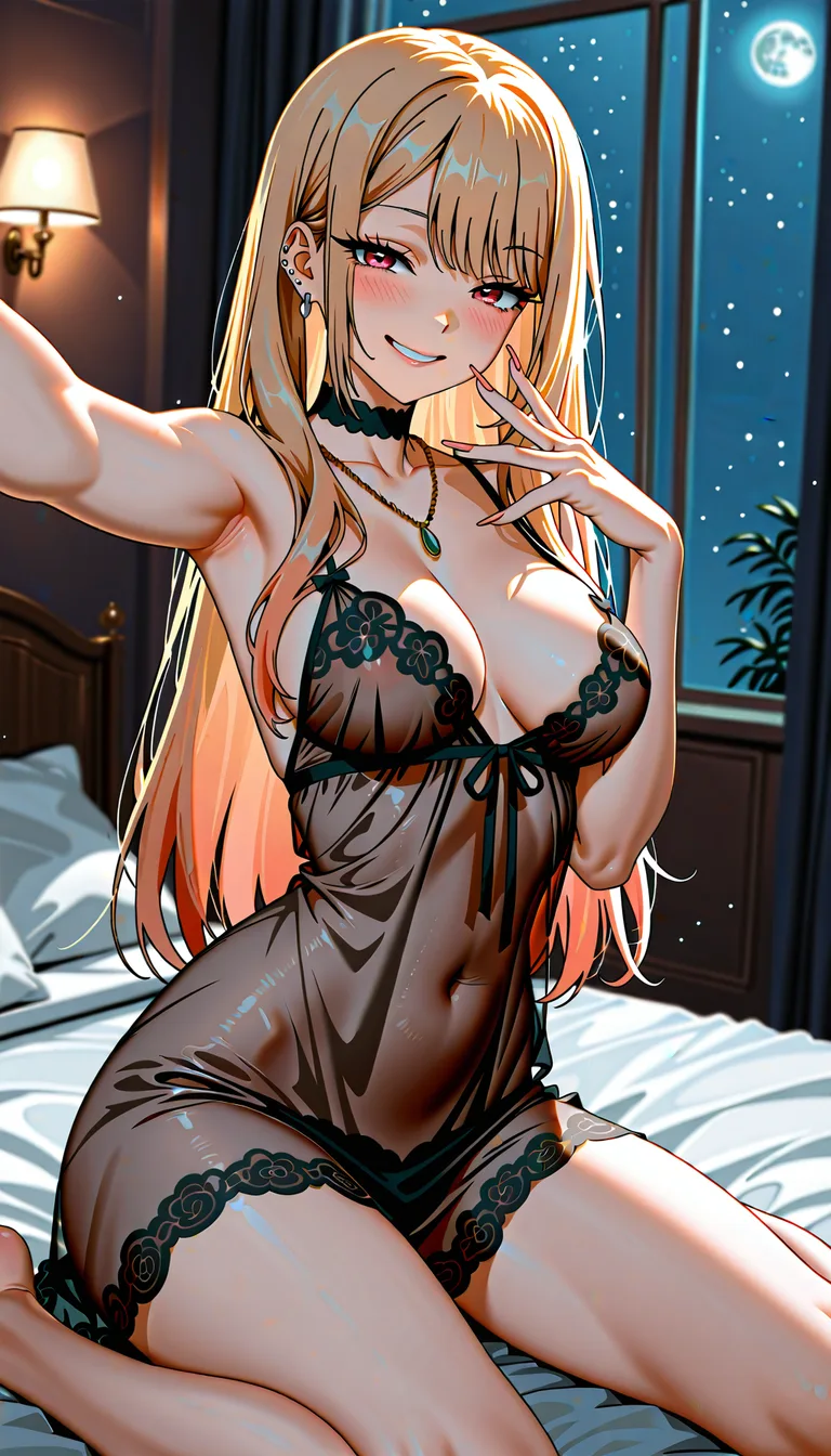 @kitagawa_marin ,18+ , brown_hair , perfect body,rounded hips,  detailed body, medium_breasts , (black see-through chemise : 1.3) , black stokings, night, night moon soft smooth dim ambient light, seductive smile, wariza on luxury bed,, dark luxury bedroom, selfie view,, hentai_studio_quality