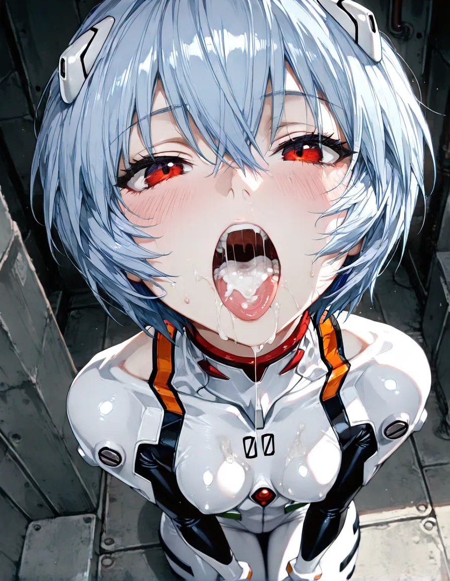 @ayanami_rei, bodysuit, white_skin, from_above, cum_in_mouth, hentai_studio_quality