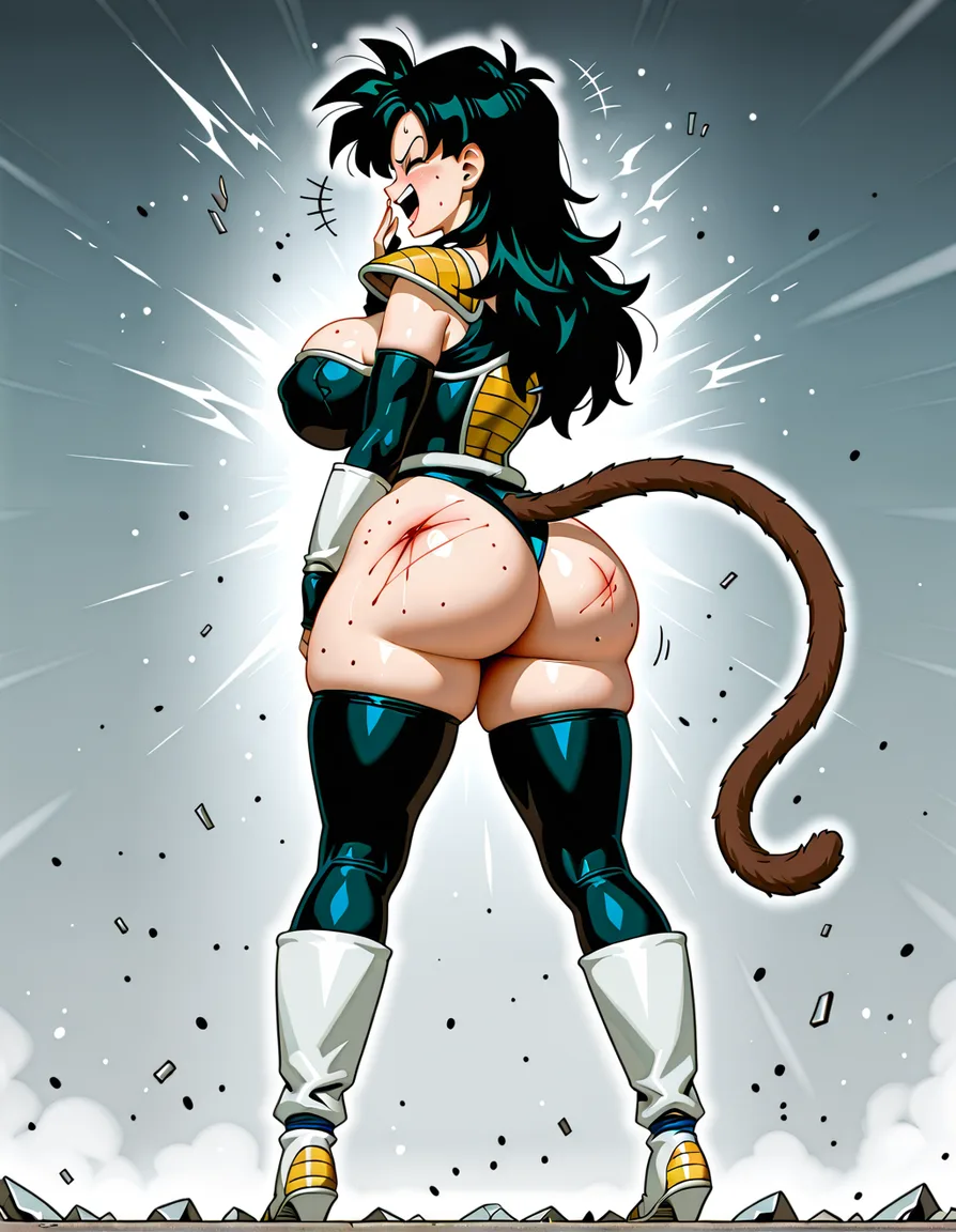 Girl, Saiyan_girl, huge_breasts, huge_ass, Saiyan_armor, black_hair, Monkey_tail, full_body, Broken_armor, laughing, injury, long_hair, standing, hentai_studio_quality