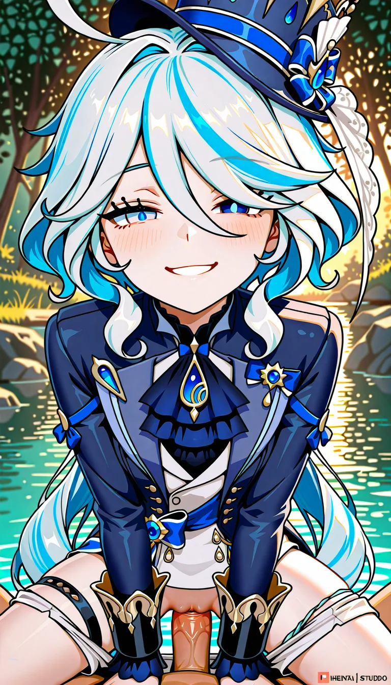 Masterpiece, Genshin impact stylem Furina, shorts down, panties down, Pussy, pov light no hairs penis, pov vaginal sex, pov cowgirl, half-closed eyes, Lake, look at viewer, outfit, smile,.,,, value:0.1 for: hentai_studio_quality.,,,,,,,,,,,, hentai_studio_quality, hentai_studio_quality, hentai_studio_quality