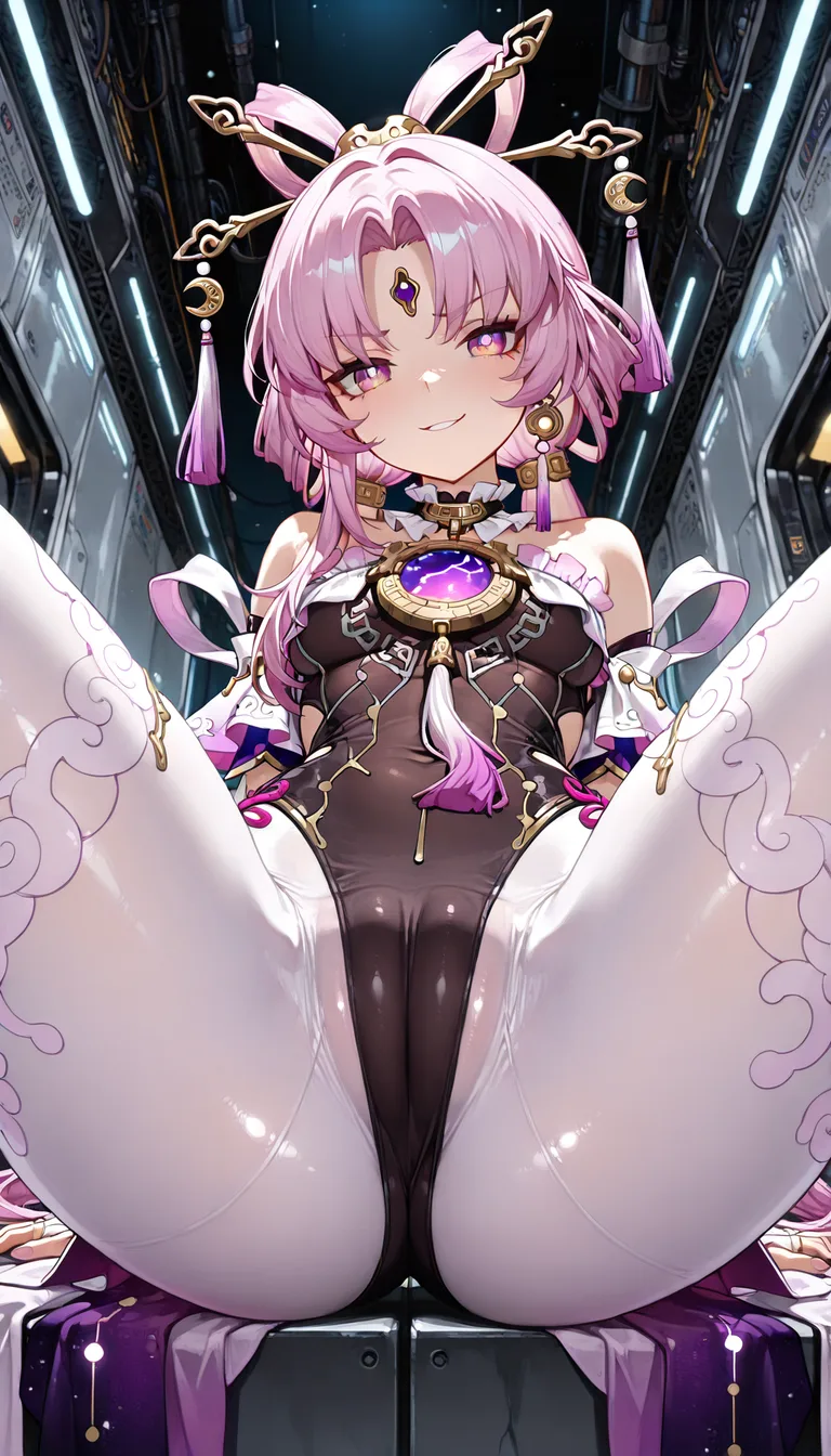 Masterpiece,1girl, Fu Xuan from Honkai Star Rail, cameltoe, Determinated Smile, Tech Corridor background, hentai_studio_quality