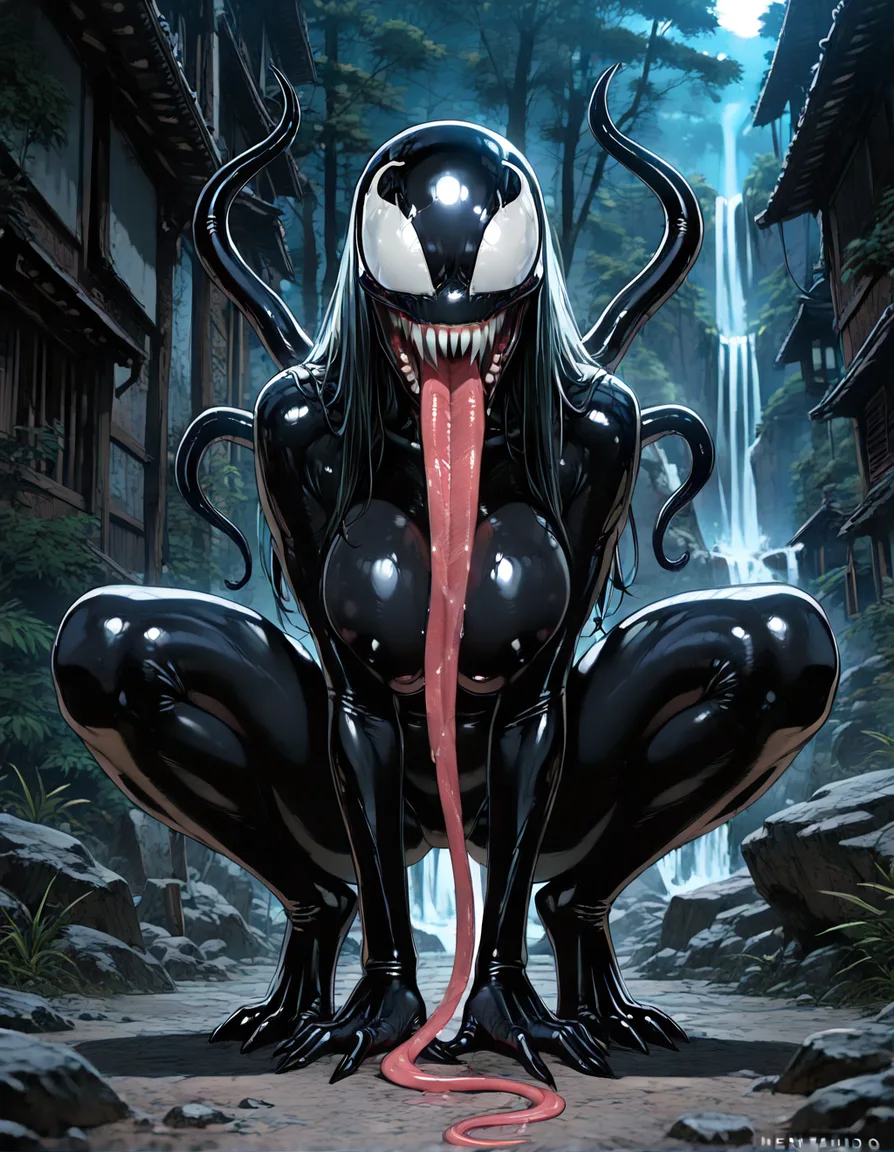 she-venom (ameizing lewds), maturn female, long tongue, alien girl, solo, outdoors, hentai_studio_quality