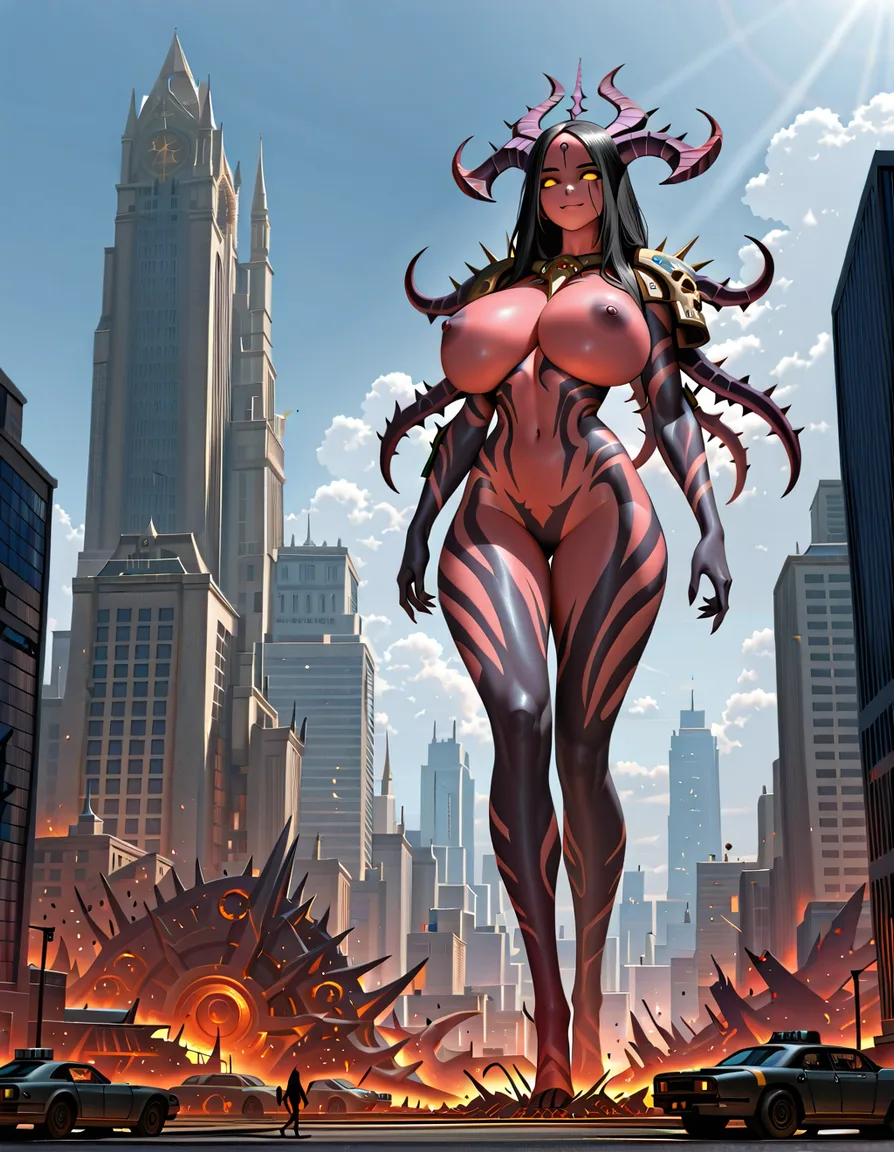 slaanesh, warhammer 40000, chaos god, nude, huge breasts, giantess, cityscape, city destruction, light_smile, full_body, walking, /ultra_detailed, /masterpiece, /best_quality, hentai_studio_quality