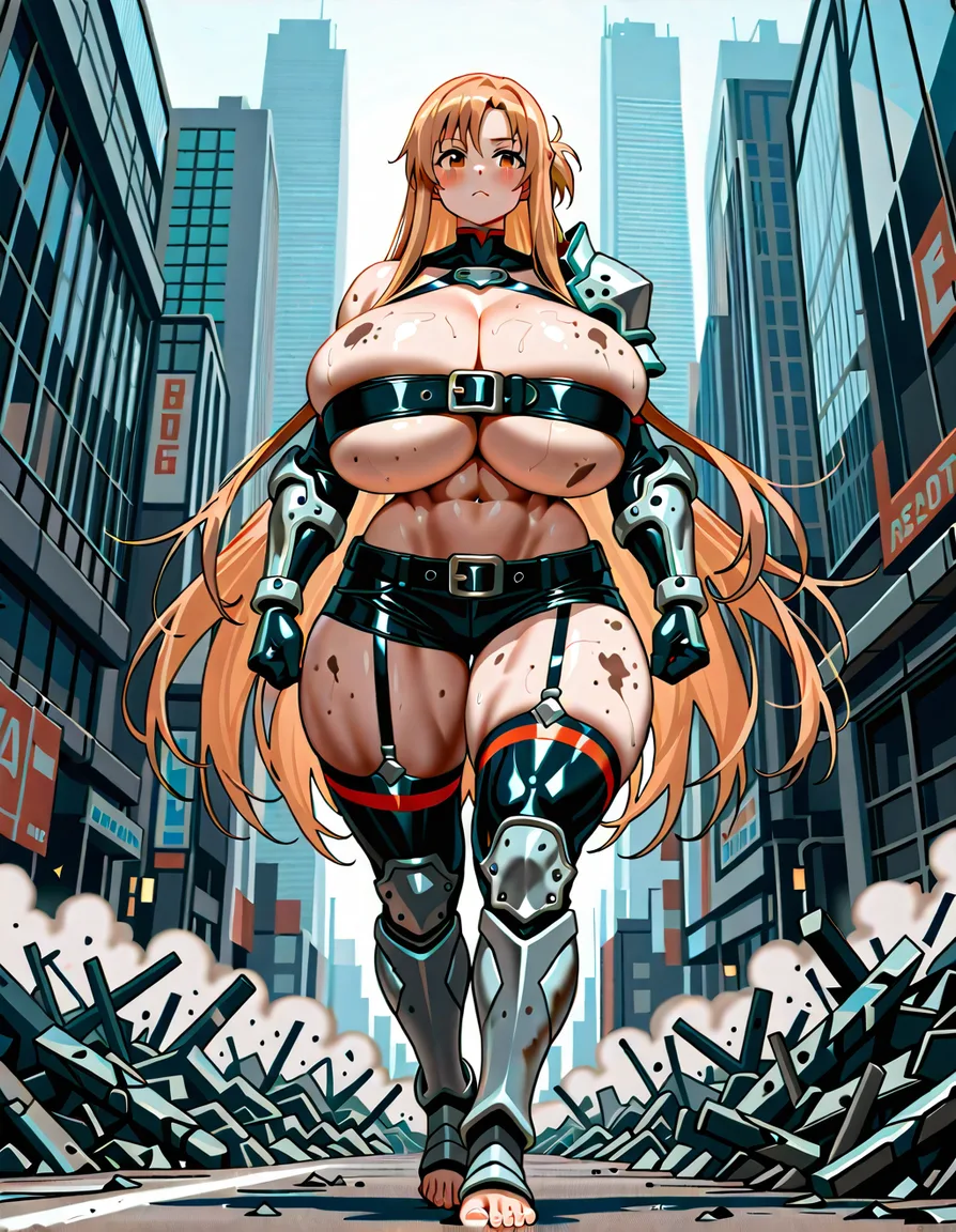 @asuna_(sao), naked, nude, gigantic breasts, muscular_female, gigantic muscles, huge female, cityscape, city destruction, walking, 5 fingers, 5 toes, dirty female, veins bulge, belt bra, micro_shorts, latex shorts, shoulder_armor, armored_boots, buckle, garter_straps, garter_belt, /ultra_detailed, /masterpiece, /est_quality, hentai_studio_quality